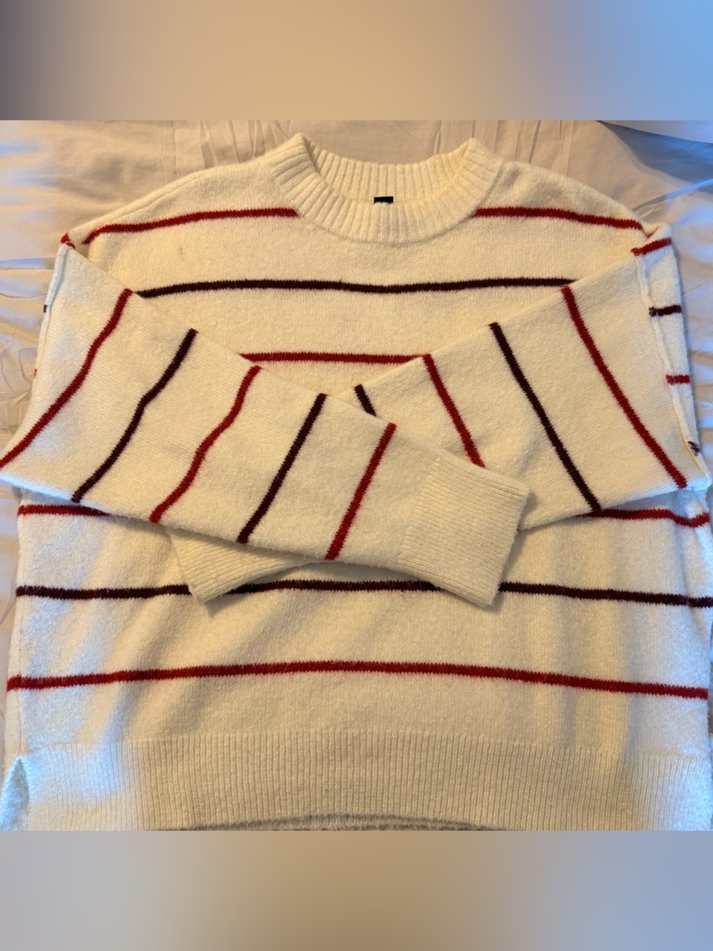 American Eagle Cream Crewneck Sweater with Red & Burgundy Stripes